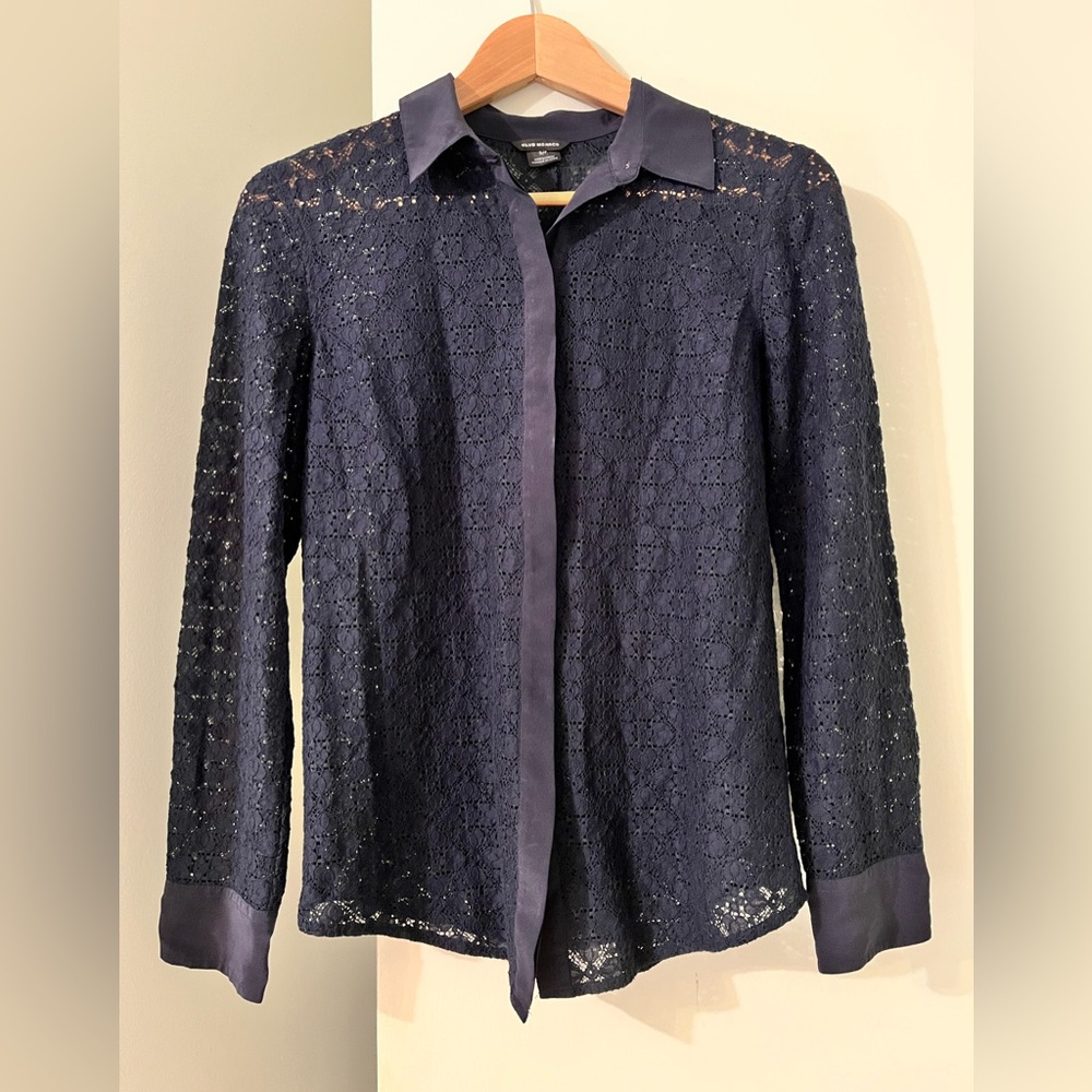 Club Monaco Sheer Navy Blue Floral Lace Long Sleeve Button Down Shirt Silk Cuffs
